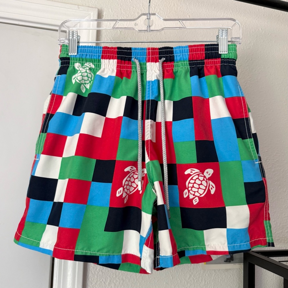 VILEBREQUIN multicolor patchwork turtle graphic swim beach trunks